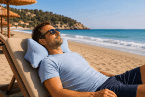 Mann entspannt am Strand mit einem hellblauen Leseknochen als Nackenkissen