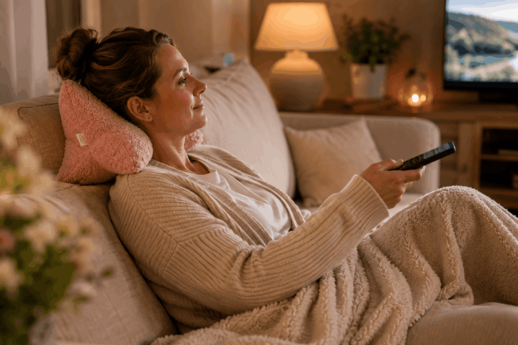 Leseknochen als Nackenkissen auf dem Sofa