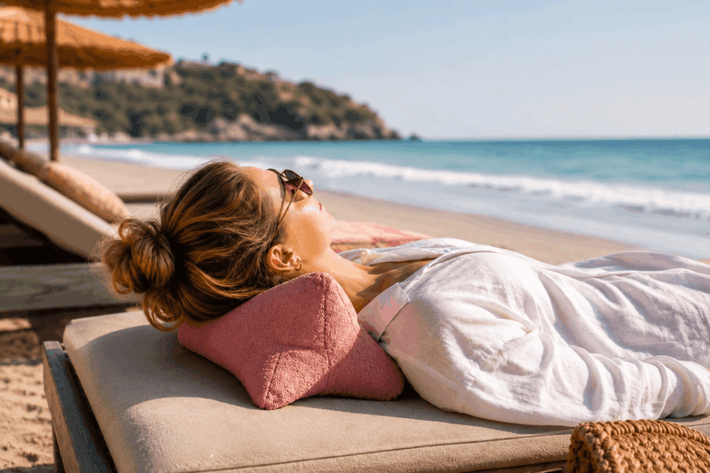 Leseknochen aus Bambusfrottee als Nackenkissen am Strand