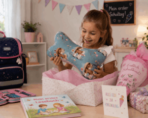Leseknochen als Geschenk zur Einschulung neben dem ersten Lesebuch