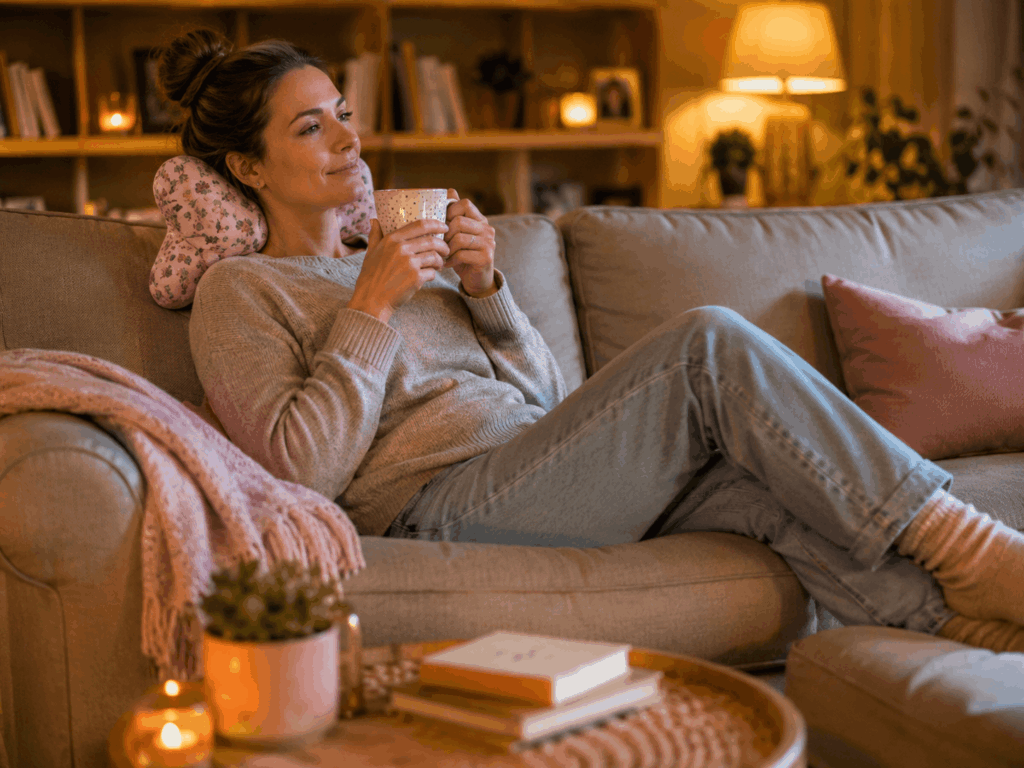 Frau entspannt mit einem Leseknochen auf dem Sofa