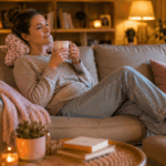Frau entspannt mit einem Leseknochen auf dem Sofa