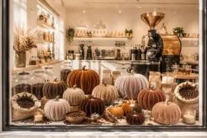 Herbstdeko im Schaufenster mit Samtkürbissen