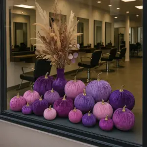 Herbstdeko im Schaufenster eines Friseursalons mit Samtkürbissen 