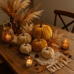 Herbstliche Tischdeko mit Kürbissen in Beige und Gelbgold