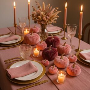 Herbstliche Tischdeko mit Samtkürbissen in Rosa und Bordeaux