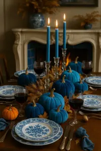 Herbstliche Tischdeko mit blauen Samtkürbissen und Kerzen 