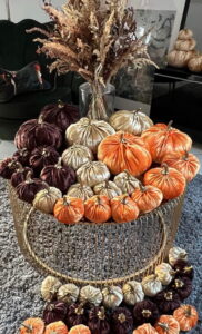 Handgemachte Samtkürbisse in verschiedenen Faben als herbstliche Deko