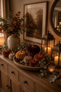 Samtkürbisse in warmen Herbstfarben als gemütliche Herbstdeko auf einer Holzkommode