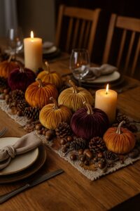 Samtkürbisse in verschiedenen Größen als herbstliche Tischdekoration