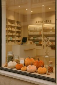 Herbstdeko im Apotheken-Schaufenster mit Samtkürbissen