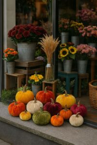 Herbstdeko im Schaufenster eines Blumenladens mit bunten Samtkürbissen