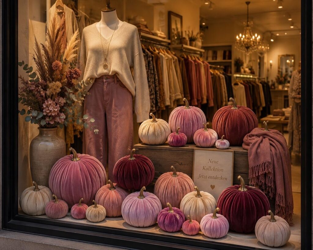 Herbstdeko im Schaufenster einer Boutique mit Samtkürbissen