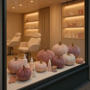 Herbstdeko im Schaufenster eines Kosmetikstudios mit Samtkürbissen