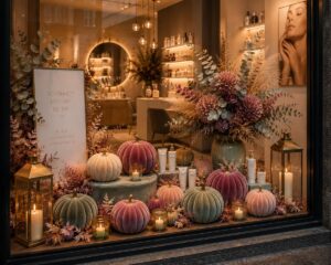 Herbstdeko im Schaufenster eines Kosmetikstudios mit Samtkürbissen