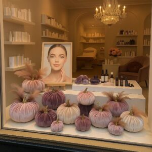 Elegante Herbstdeko im Schaufenster eines Kosmetikstudios mit Samtkürbissen