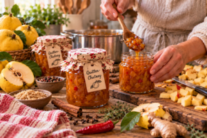 Selbstgemachtes Quitten-Chutney wird als Geschenk aus der Küche ins Glas gefüllt