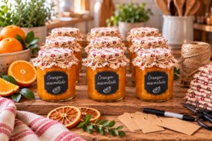Selbstgemachte Orangenmarmelade liebevoll als Geschenk aus der Küche verpackt 