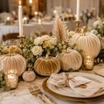 Cremefarbene Samtkürbisse als elegante Tischdeko für eine Herbsthochzeit