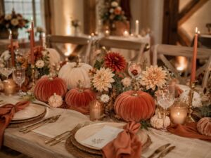 Terrakottafarbene und cremefarbene Samtkürbisse mit Dahlien auf einer herbstlich gedeckten Tafel