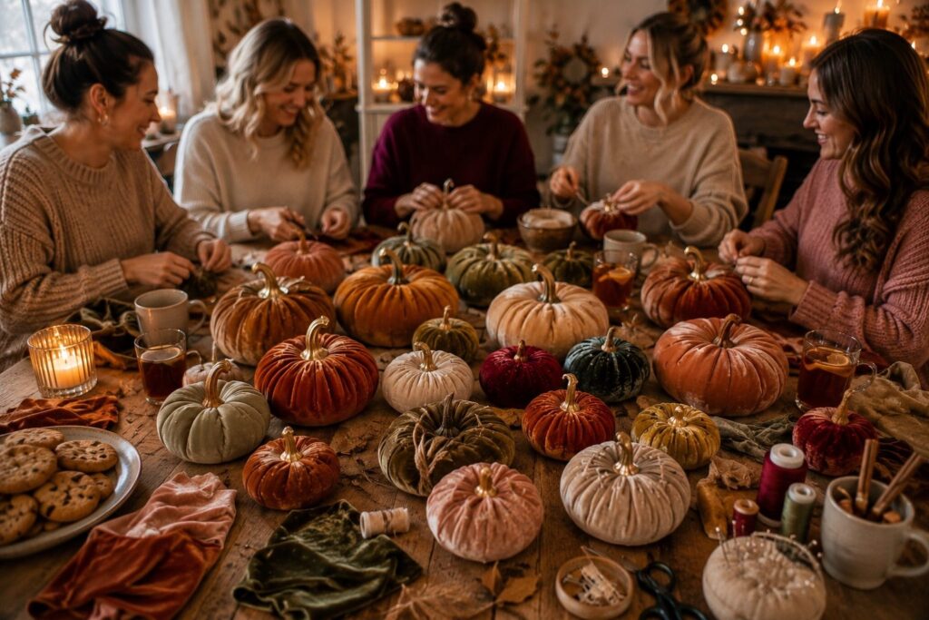 Samtkürbisse nähen mit Freundinnen an einem gemütlichen Herbstabend