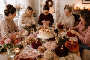 Samtkürbisse nähen mit Freundinnen bei einem Herbstgeburtstag