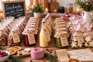 Weihnachtliche Geschenke aus der Küche mit Marmelade, Likör, Mandeln, Pesto und Plätzchen